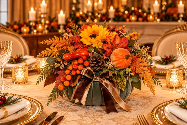 Abbraccio d’Autunno — Fiori arancio e gialli, bacche e un fiocco dai colori autunnali.