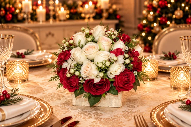 Armonia di Rose — Rose bianche e rosse in una composizione floreale dai toni festivi.
