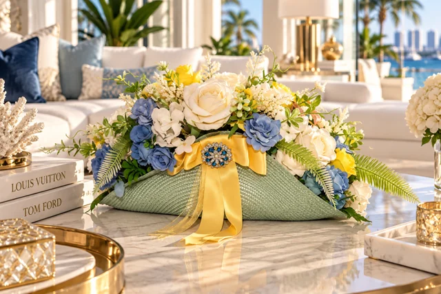 Armonia Marina — Fiori blu e chiari, base verde e un fiocco giallo luminoso.
