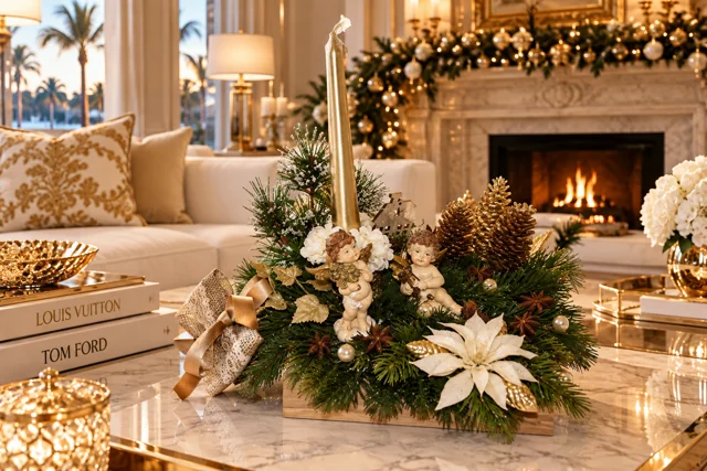 Bianco Inverno — Fiori chiari, rami verdi e dettagli dorati in una composizione raccolta.