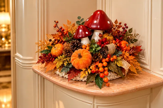 Bosco Incantato — Funghi decorativi, zucche, bacche e foglie per una piccola scena ispirata al bosco autunnale.
