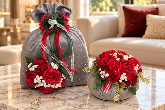 Bouquet di Natale — Composizione coordinata in grigio, rosso e verde con rose rosse e fiocchi festivi.