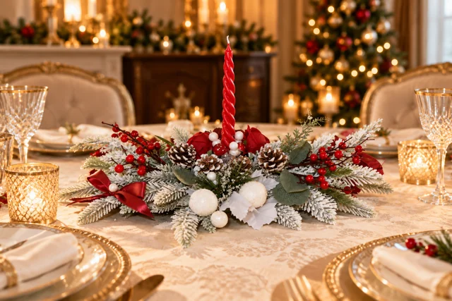 Candela di Natale — Candela rossa al centro di rami innevati, bacche e piccoli decori chiari.