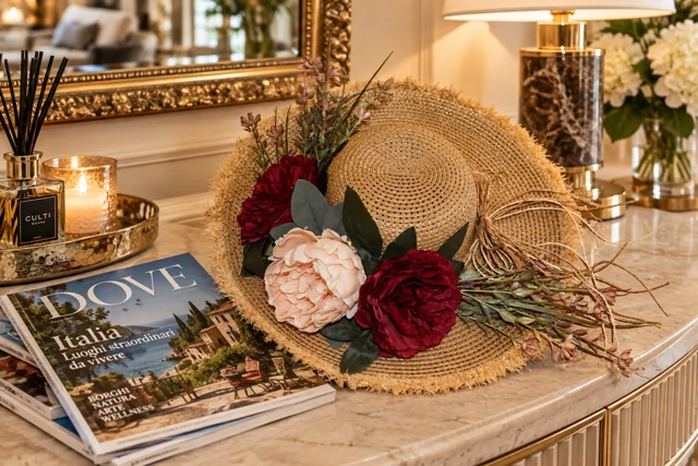 Cappello Fiorito — Un cappello decorativo con rose chiare e bordeaux e un fiocco naturale.