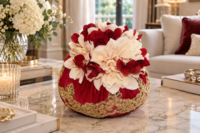 Dalia Cremisi — Dalie avorio e accenti bordeaux su una base cremisi rifinita in oro.