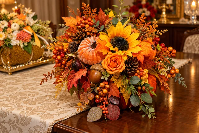 Festa d’Autunno — Una composizione ricca di girasoli, zucche, foglie e bacche in una palette calda e avvolgente.