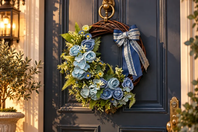 Ghirlanda Azzurra — Rose blu, piccoli fiori e un fiocco a quadri sulla base intrecciata.