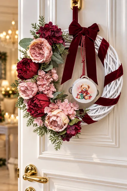 Ghirlanda Bordeaux — Intreccio bianco con fiori cipria e bordeaux, nastro in velluto e un piccolo decoro natalizio.