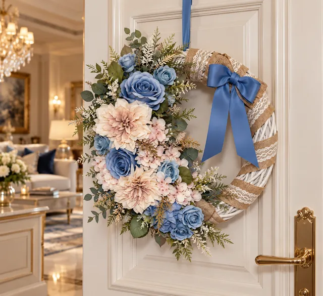 Ghirlanda Cielo — Rose azzurre e fiori cipria su intreccio bianco, rifinita con juta e un grande fiocco blu.