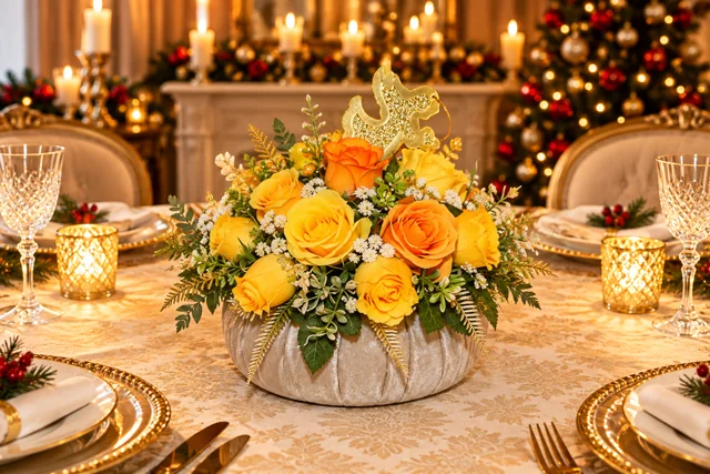 Luce di Sole — Rose gialle e arancio con dettagli dorati, per una composizione luminosa.