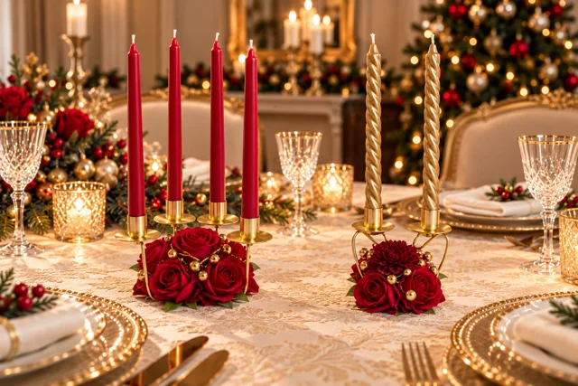 Luci Rosse — Una composizione con candele rosse e una piccola decorazione floreale coordinata.