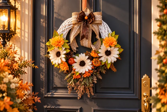 Margherite d’Autunno — Margherite chiare, fiori gialli e un fiocco nei toni naturali.