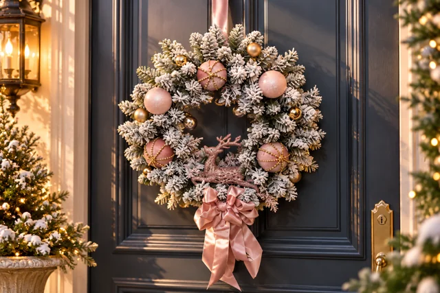 Natale Rosa — Rami dall’effetto innevato, sfere rosa e dettagli dorati.