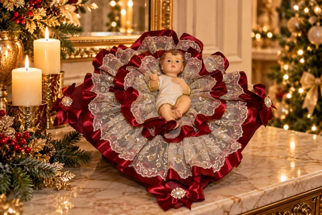 Natività Bordeaux — Gesù Bambino tra pieghe chiare e bordeaux, con finiture decorative.