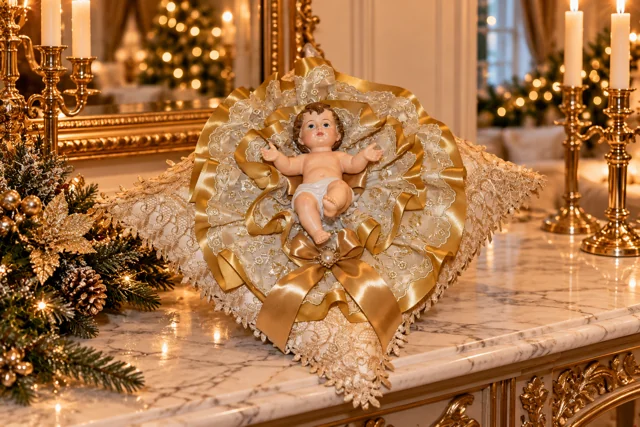 Natività Dorata — Gesù Bambino incorniciato da tessuti chiari, nastri e dettagli dorati.