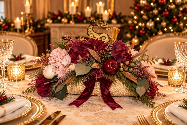 Oro e Cremisi — Fiori rosa e bordeaux, fiocco e dettagli dorati per la tavola delle feste.