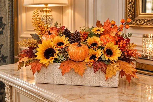 Raccolto d’Oro — Girasoli, piccole zucche, foglie e bacche nei toni caldi dell’autunno.