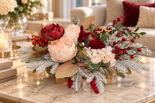 Renna delle Feste — Una piccola renna bordeaux tra peonie, bacche rosse e rami innevati.