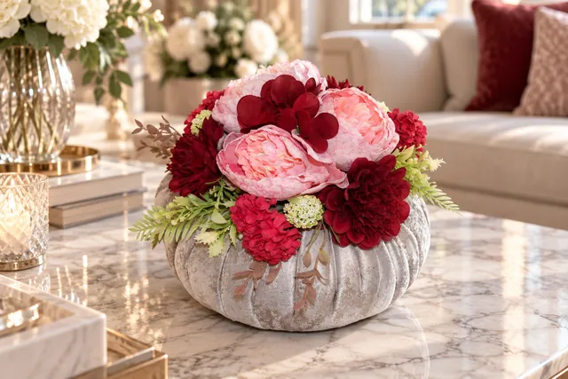 Romanza in Rosa — Peonie rosa, fiori bordeaux e verdi delicati su una base chiara dall’effetto vellutato.