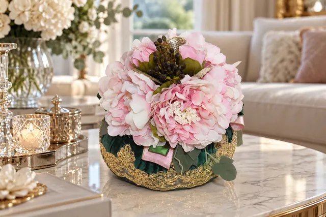 Rosa Imperiale — Peonie rosa su base verde smeraldo con ricami dorati e piccoli dettagli preziosi.