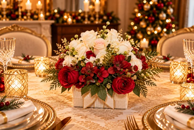 Rose delle Feste — Rose rosse e bianche con rami verdi, in una base chiara.