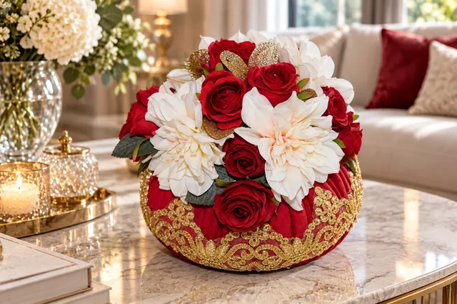 Rose Regali — Rose rosse e grandi fiori chiari su una base cremisi dai dettagli dorati.
