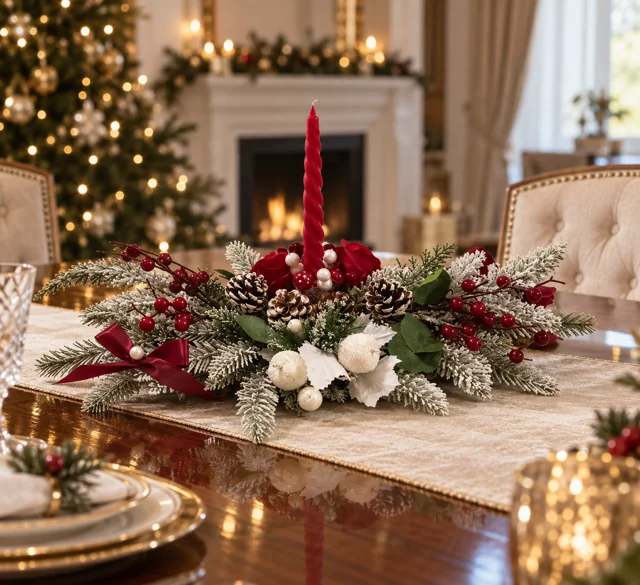 Rosso Natale — Candela rossa e dettagli floreali per la tavola delle feste.