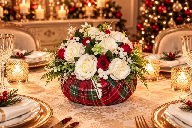 Tartan delle Feste — Rose bianche e rosse su base tartan, con verdi dettagli delle feste.