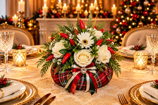 Tartan Fiorito — Fiori chiari e accenti rossi su base tartan, con fiocco centrale.