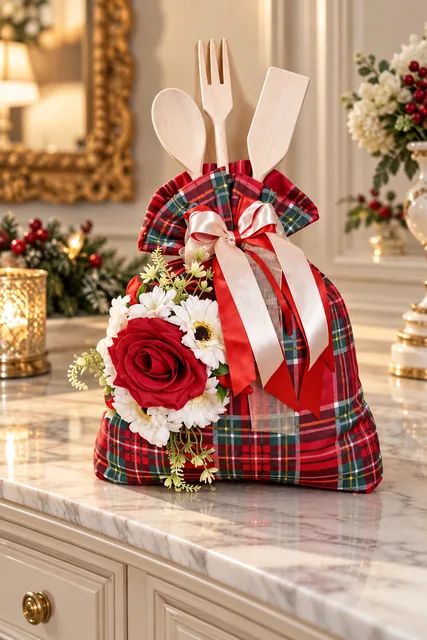 Tartan in Cucina — Creazione in tessuto tartan con utensili in legno, rose rosse e fiori chiari, pensata per decorare la cucina durante le feste.