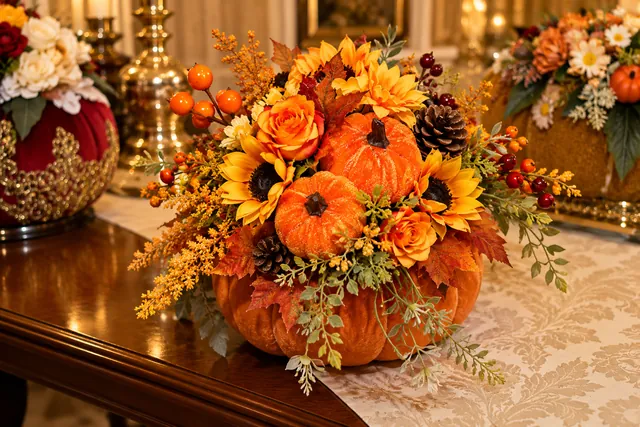 Tramonto d’Autunno — Grande composizione su zucca arancio con girasoli, fiori e foliage autunnale.