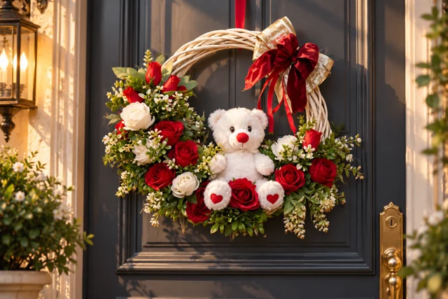 Un Dolce Benvenuto — Un orsacchiotto bianco tra rose rosse e chiare, con fiocco rosso.