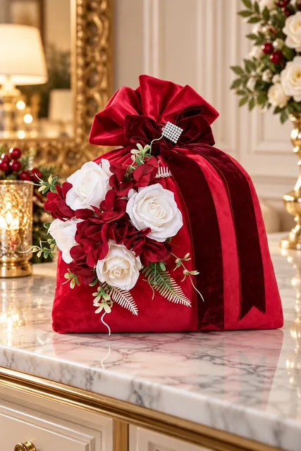 Velluto delle Feste — Morbida creazione in velluto rosso con rose bianche e bordeaux, verde delicato e nastri coordinati.