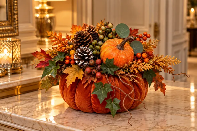 Zucca del Bosco — Zucca di velluto arancio con pigne, bacche, verde e piccoli richiami del sottobosco.
